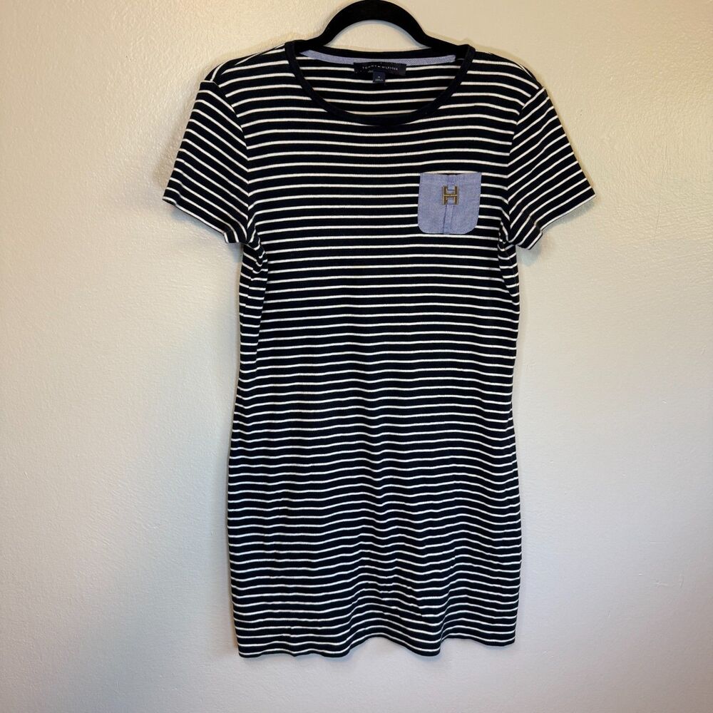 Tommy Hilfiger Women's Cotton Blue & White Stripe Crew with Denim Pocket Dress M